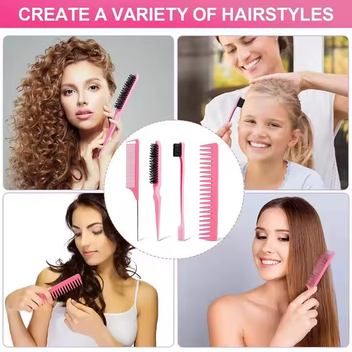 4Pcs Hair Brush and Comb Set Plastic